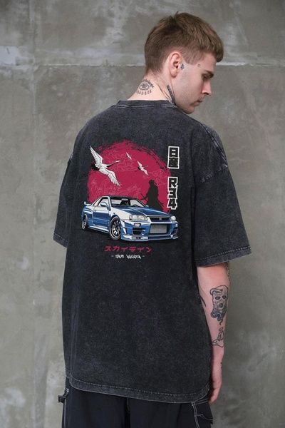 Чоловіча Виварена Оверсайз Футболка Without Washed З Принтом Skyline Black 8049616 фото