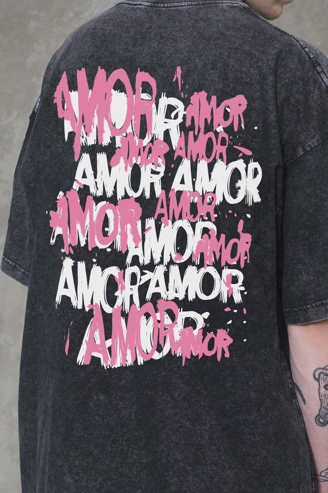 Чоловіча Виварена Оверсайз Футболка Without Washed З Принтом Amor Black 8056314 фото