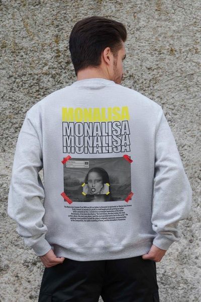 Чоловічий Утеплений Оверсайз Світшот На Флісі З Принтом Without Monalisa Gray 8055742 фото