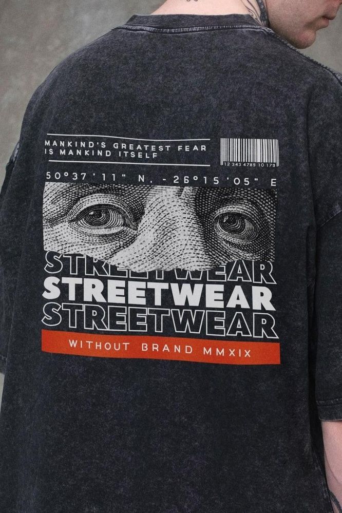 Мужская Варёная Оверсайз Футболка Without Washed с Принтом Streetwear Black 8049618 фото