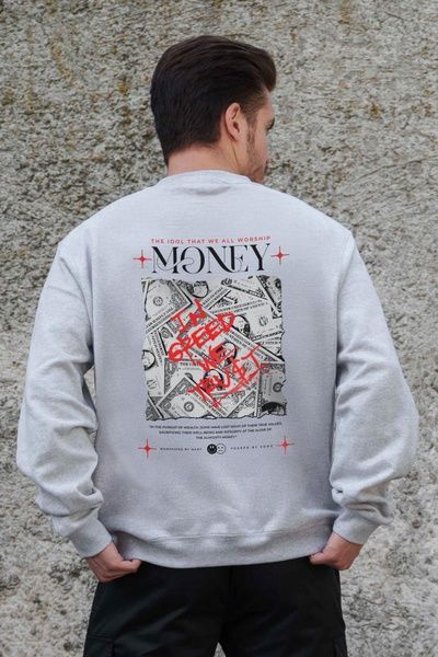Чоловічий Утеплений Оверсайз Світшот На Флісі З Принтом Without Money Grafity Gray 8055744 фото