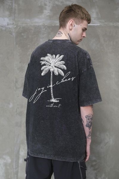 Чоловіча Виварена Оверсайз Футболка Without Washed З Принтом Joy Palma Black 8056344 фото