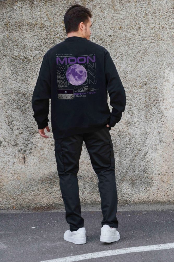 Мужской Утепленный Оверсайз Свитшот На Флисе С Принтом Without Moon Black 8055638 фото