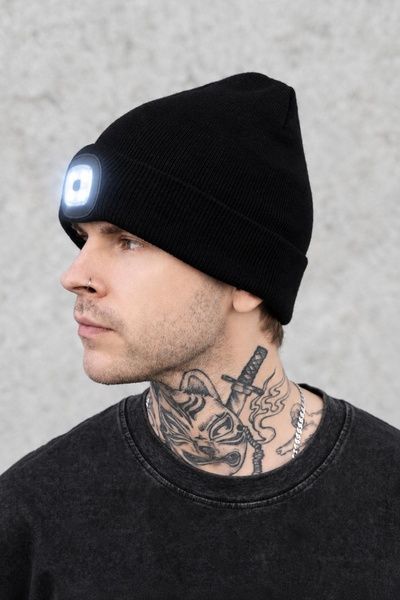 Чоловіча Трикотажна Шапка Біні Докер з LED ліхтарем USB Without LightOn Black 8056601 фото