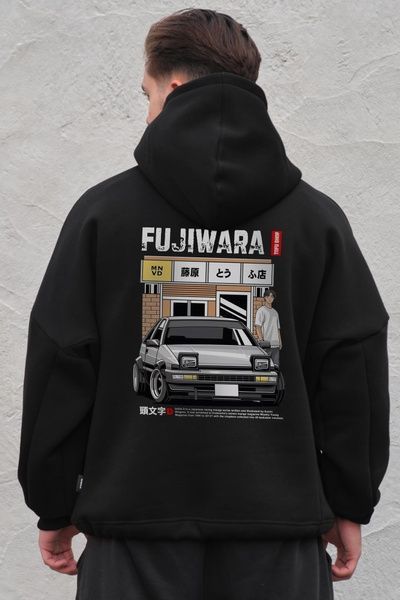 Чоловіче Оверсайз Худі Толстовка На Флісі З Капюшоном Та Принтом Without Fujiwara Black 8055522 фото