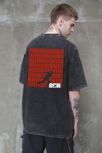 Чоловіча Виварена Оверсайз Футболка Without Washed З Принтом Run Black 8056378 фото