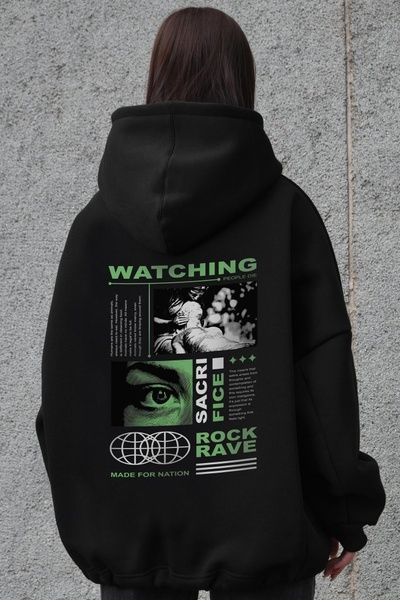 Женское Оверсайз Худи Толстовка На Флисе С Капюшоном И Принтом Without Watching Black 8055567 фото