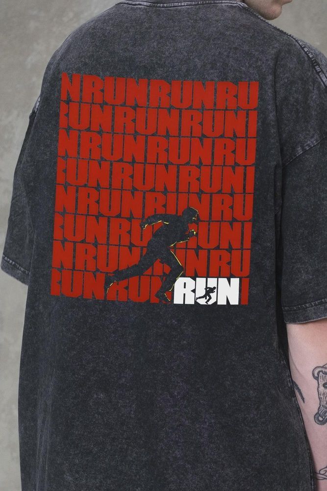 Мужская Варёная Оверсайз Футболка Without Washed с Принтом Run Black 8056378 фото