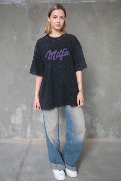 Жіноча Виварена Оверсайз Футболка Without Washed З Принтом Milfa Black 8056355 фото