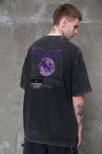 Чоловіча Виварена Оверсайз Футболка Without Washed З Принтом Moon Black 8049608 фото