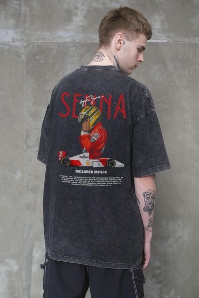 Чоловіча Виварена Оверсайз Футболка Without Washed З Принтом Senna Black 8056158 фото