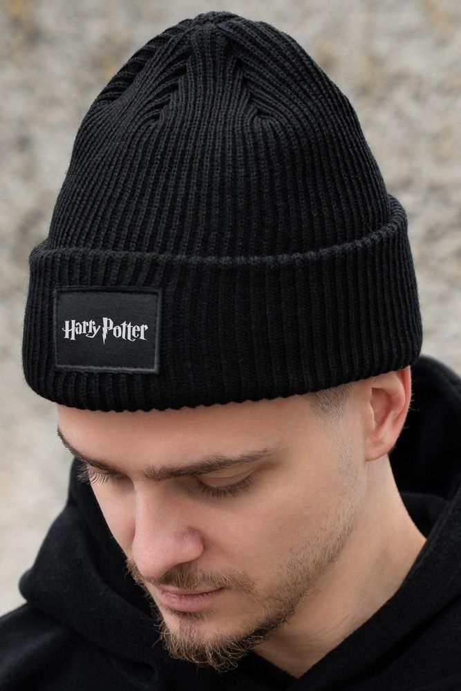 Чоловіча Тепла Подовжена Трикотажна Шапка Біні Докер З Принтом White Harry Potter Without Dominic Black 8056081 фото